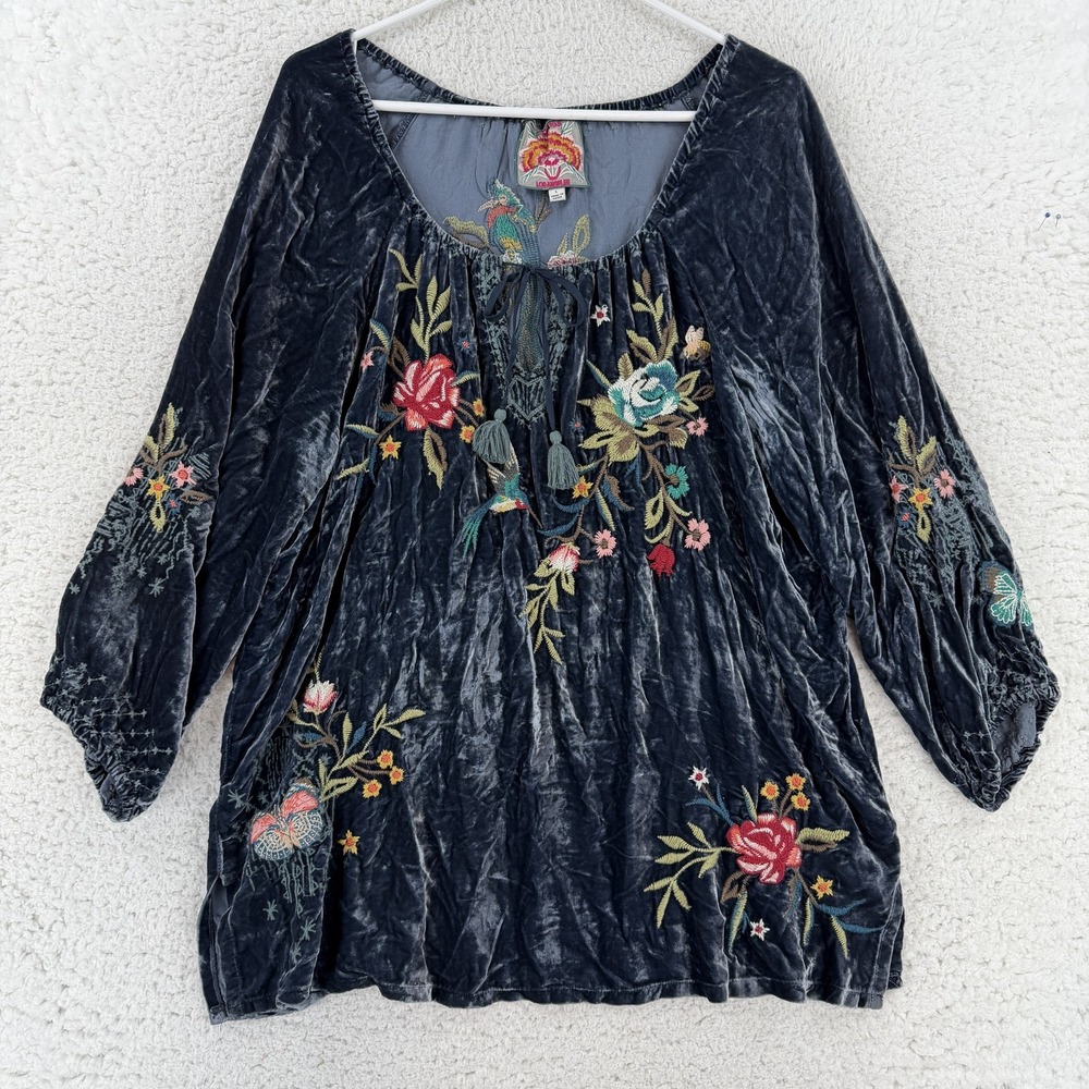 Johnny Was Blouse Womens Large Blue Velvet Embroidered Floral Balloon Sleeve
